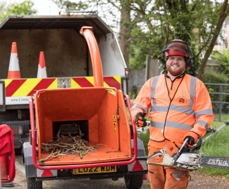 Arborist with chainsaw standing next to chipper