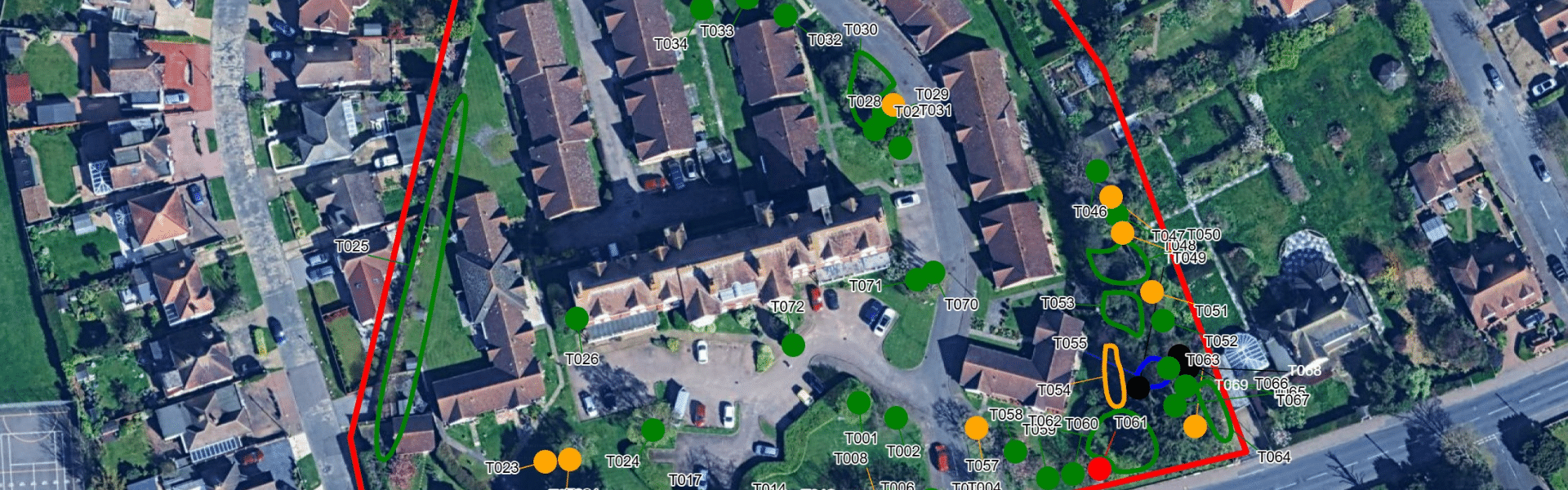 Aerial view marking out boundary of property management's housing site for tree survey.