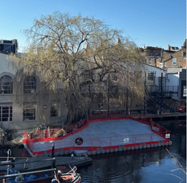 Arborists working on floating pontoon during willow tree re-pollard