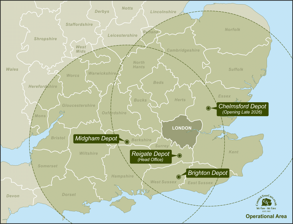 Connick Tree Care Operational Area Map South East of England