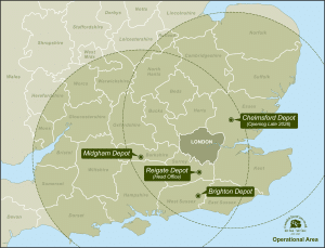 Connick Tree Care Operational Area Map South East of England