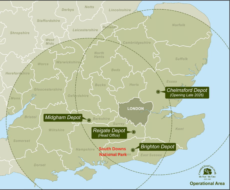 Map showing South East area that Connick Tree Care covers: South Downs National Park highlighted because we have been appointed Special Arboricultural Adviser Appointment